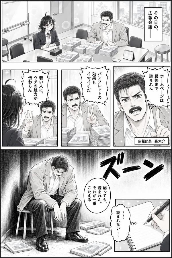当社の作例3ページ目を、少女漫画スタイル（白黒）で描き直したもの