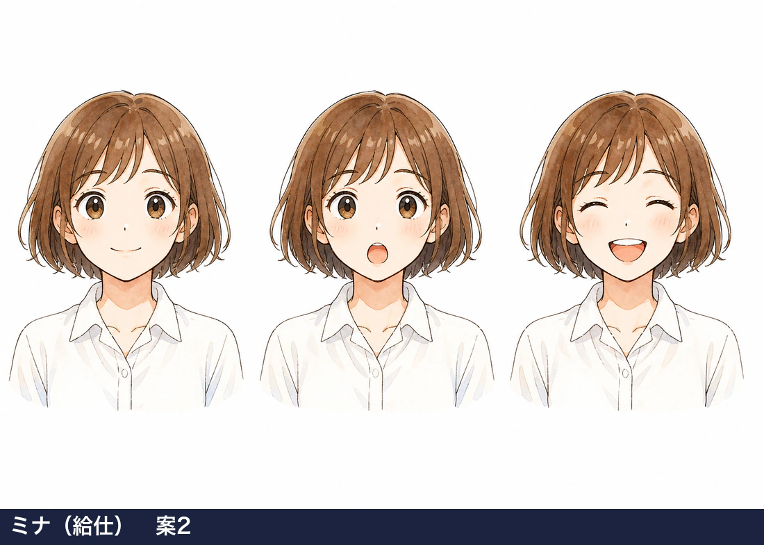 登場人物の顔の提案例。1つの案に通常・驚き・笑顔の3表情(ACGWORLDSの実例)
