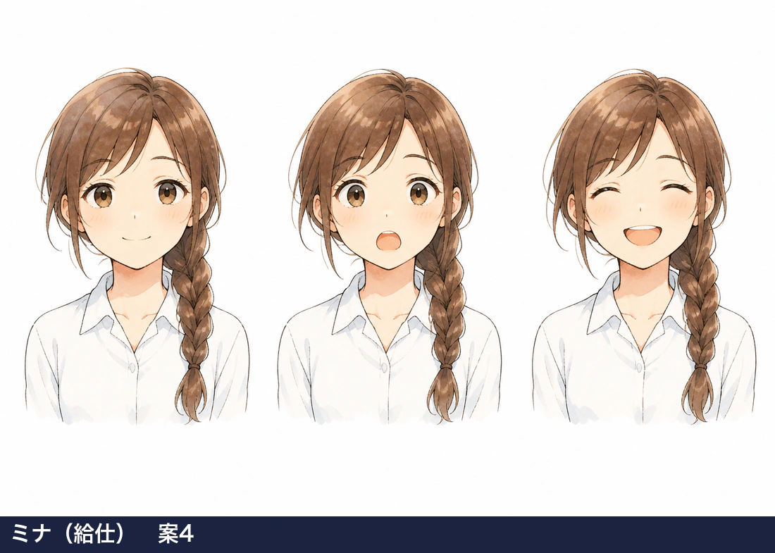 給仕ミナのキャラクター案4、片側三つ編みの3表情