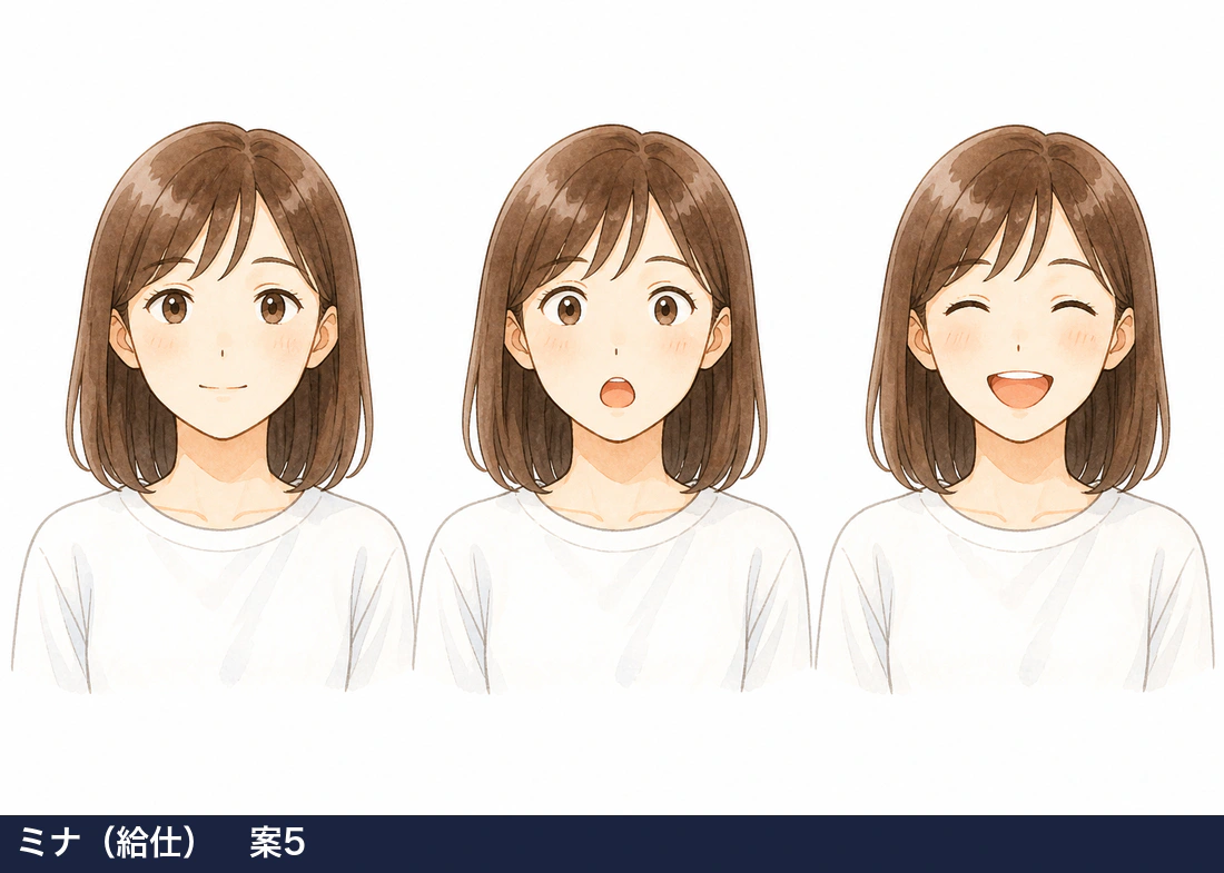 給仕ミナのキャラクター案5、ボブヘアの3表情