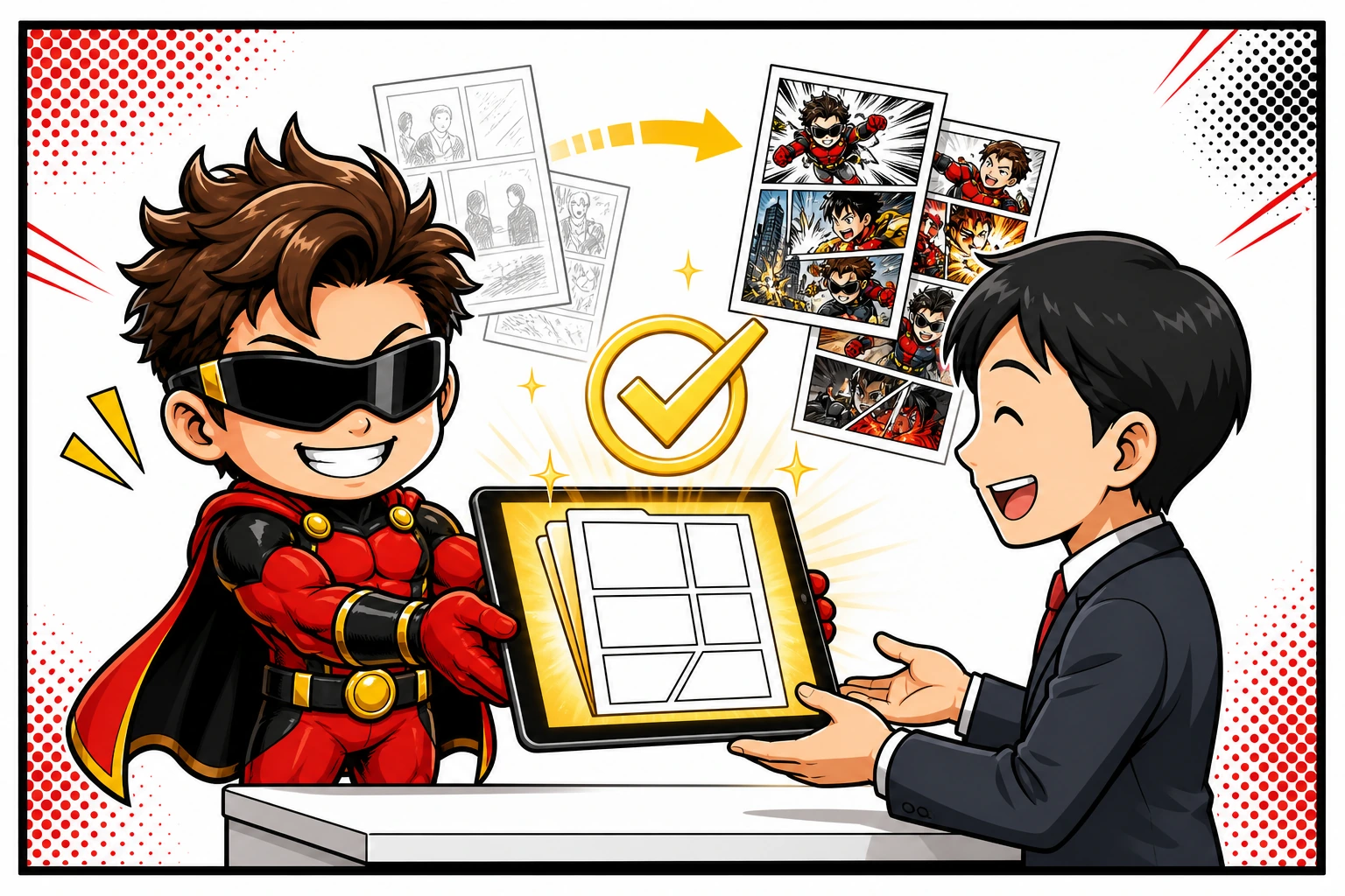 修正を終えた漫画の品質を確認し、ヒーローが透かしのない完成データを納品する漫画