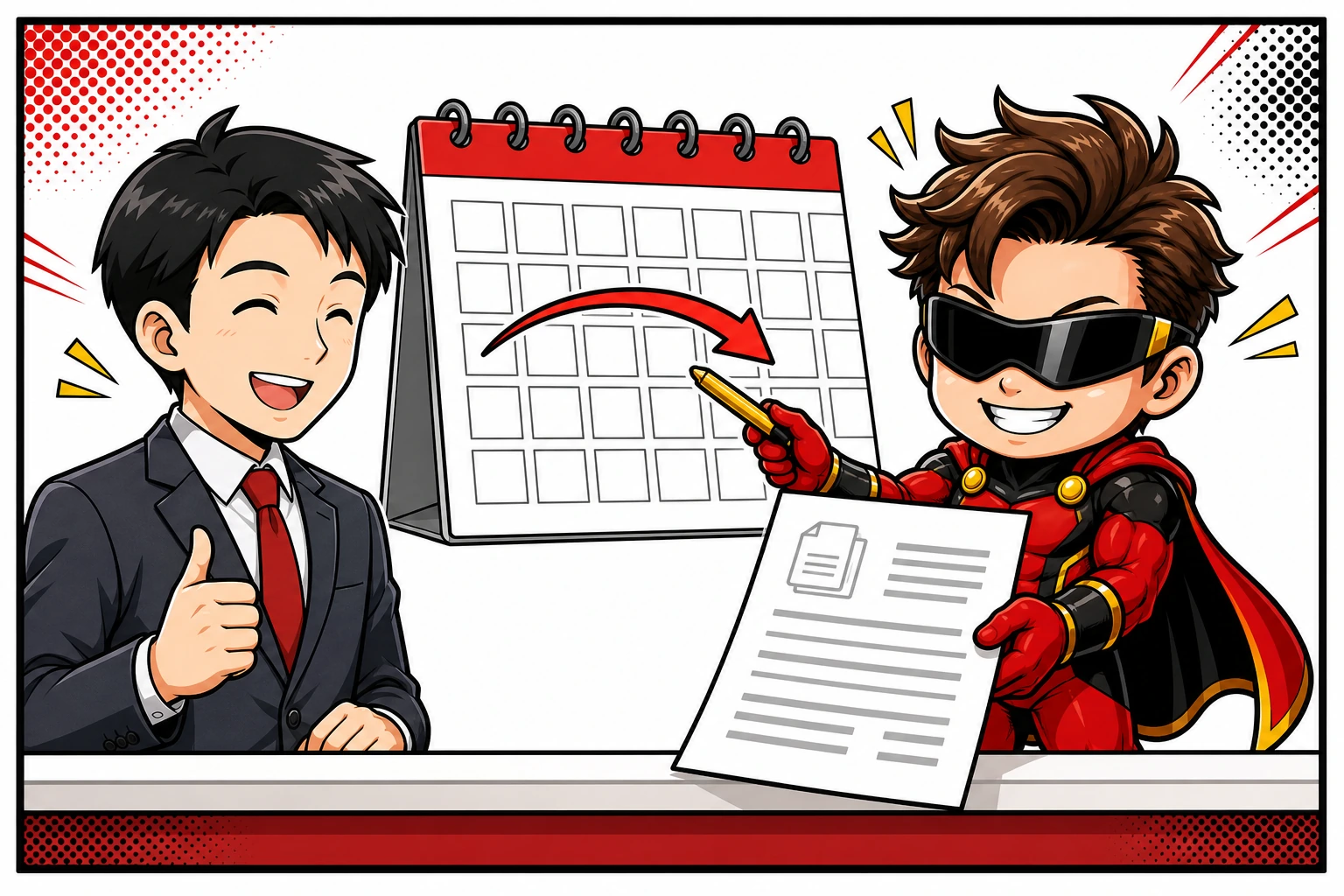 納品後にヒーローが請求書と支払期日を示すカレンダーを案内する漫画