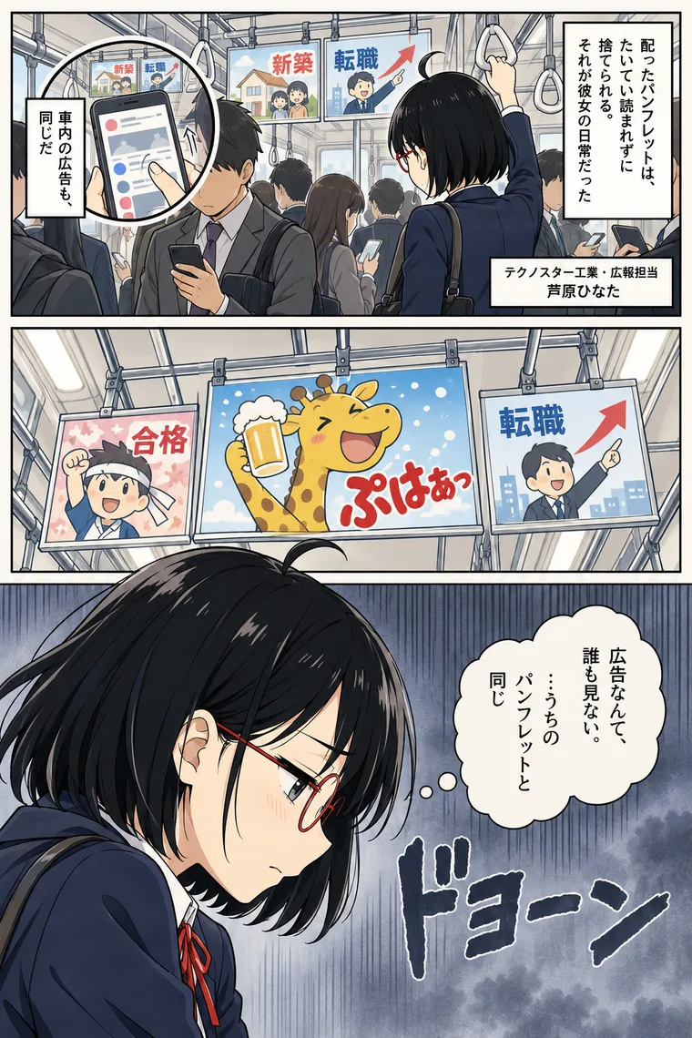 作例1ページ目。企画書で決めた「電車の中吊りの漫画広告をつい読んでしまう」導入（架空の題材によるACGWORLDSのデモ）