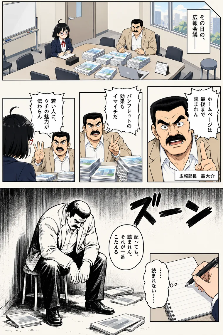 企業向け漫画の12ページ作例より3ページ目（架空のサービスを題材にACGWORLDSが制作したデモ）