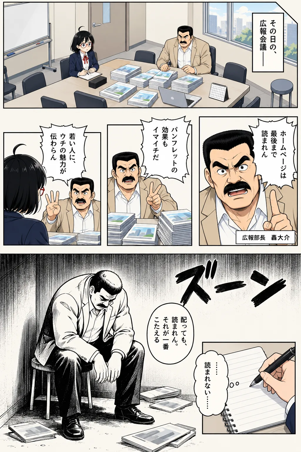 大量のパンフレットを前に、Webも紙も読まれず会社の魅力が伝わらないと嘆く上司と担当者