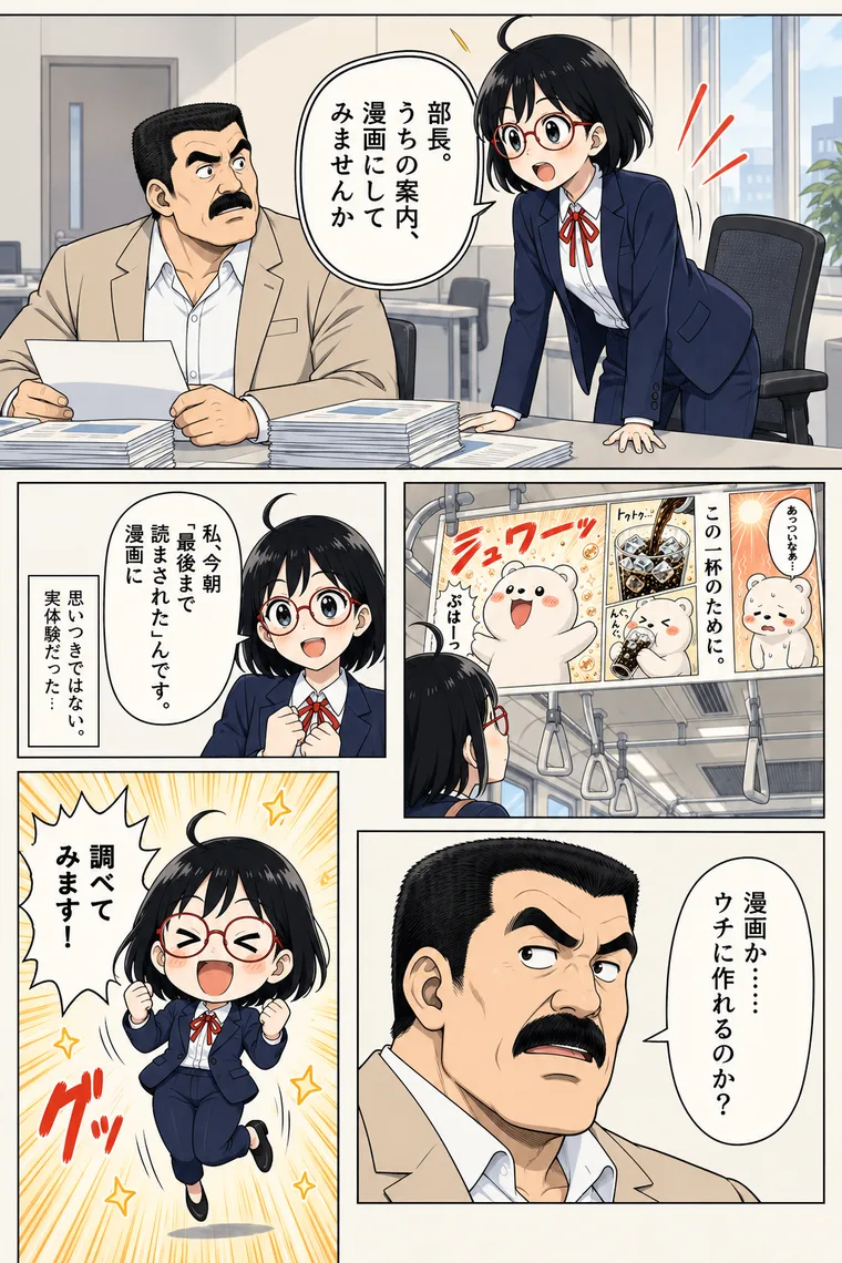 作例4ページ目。見積もりの高さと納期の長さに驚く場面（架空の題材によるACGWORLDSのデモ）