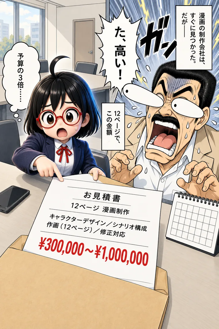 作例5ページ目。基本料金と第1稿の日数を提案する場面（架空の題材によるACGWORLDSのデモ）