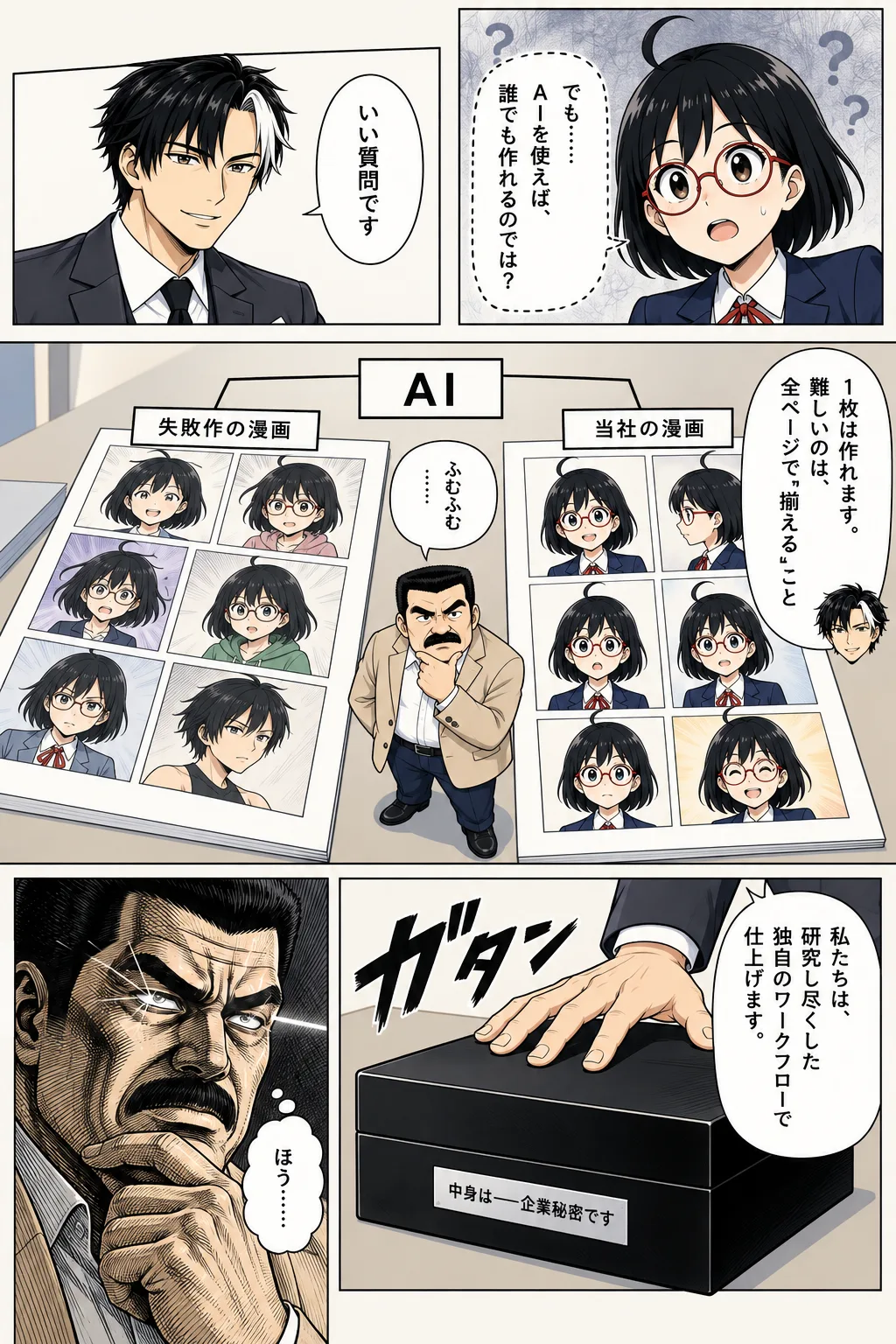 AI制作への疑問に、全ページで人物を揃える難しさと独自の制作工程を説明する場面