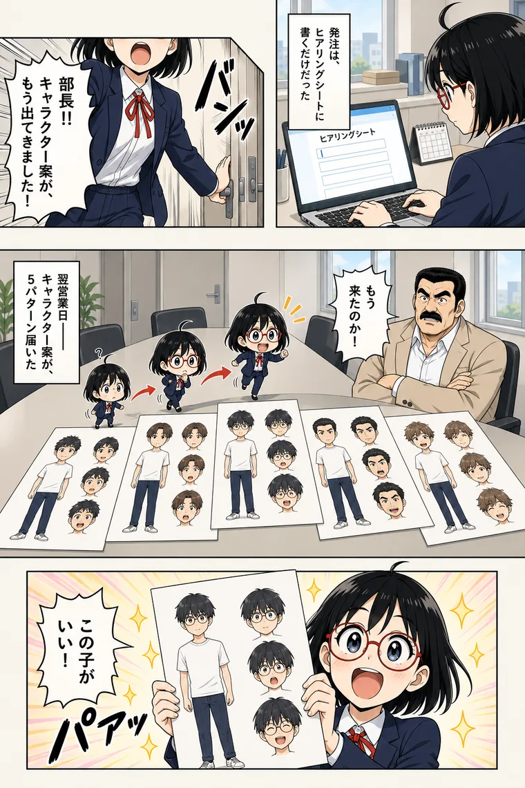 作例9ページ目。登場人物の候補を選ぶ場面を、作中でも描いている(架空の題材によるACGWORLDSのデモ)