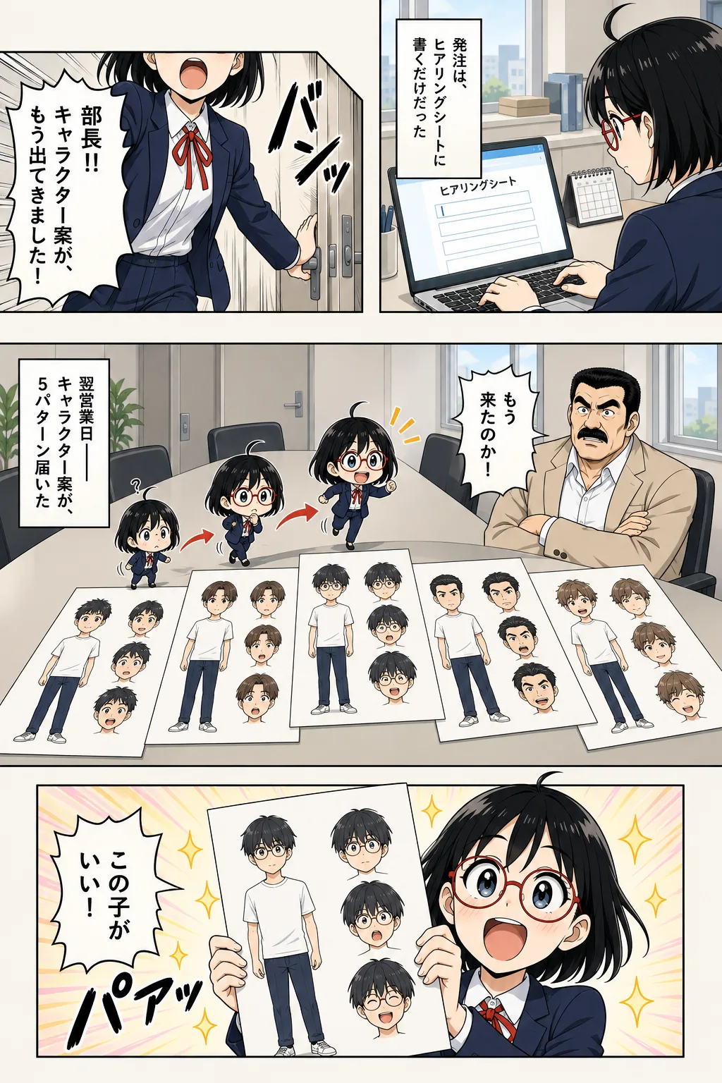 ヒアリング後に届いたストーリーと1キャラクター5案の表情を見て、担当者が案を選ぶ場面