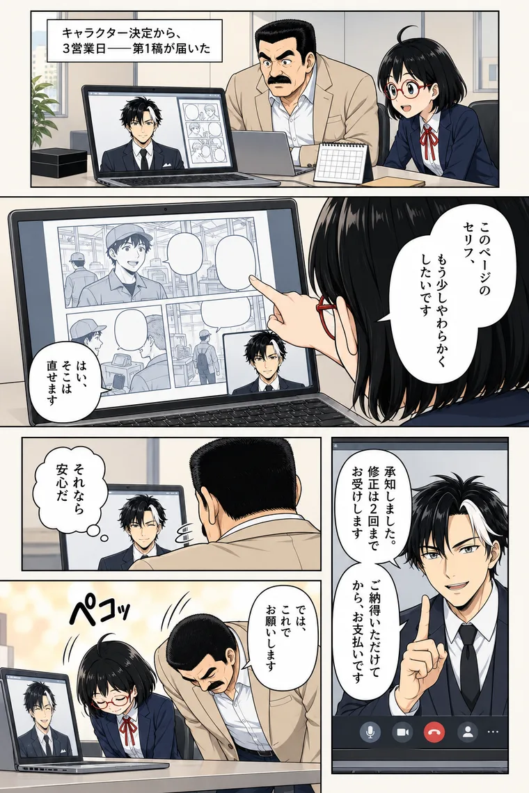 作例10ページ目。第1稿をオンラインで確認し、修正を伝える場面(架空の題材によるACGWORLDSのデモ)