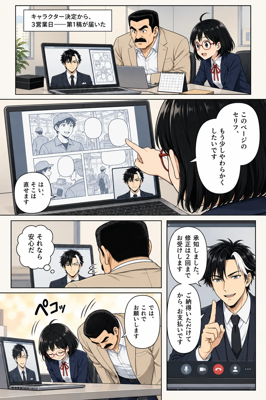 キャラクター決定から3営業日で届いた第1稿をオンライン確認し、台詞修正を相談する場面