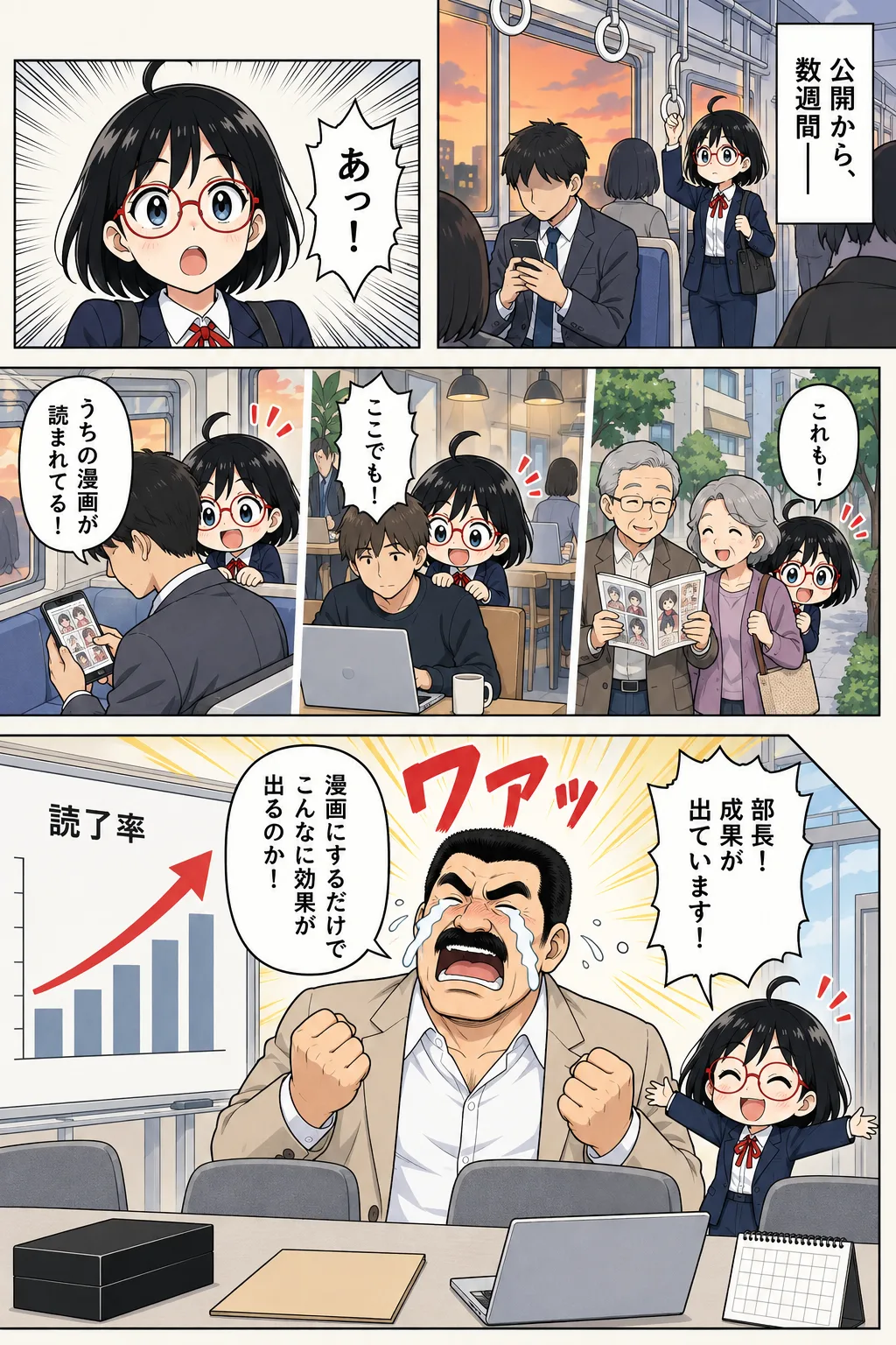 公開後、電車やカフェ、街頭で漫画が読まれ、読了率の上昇を上司へ報告して喜ぶ場面
