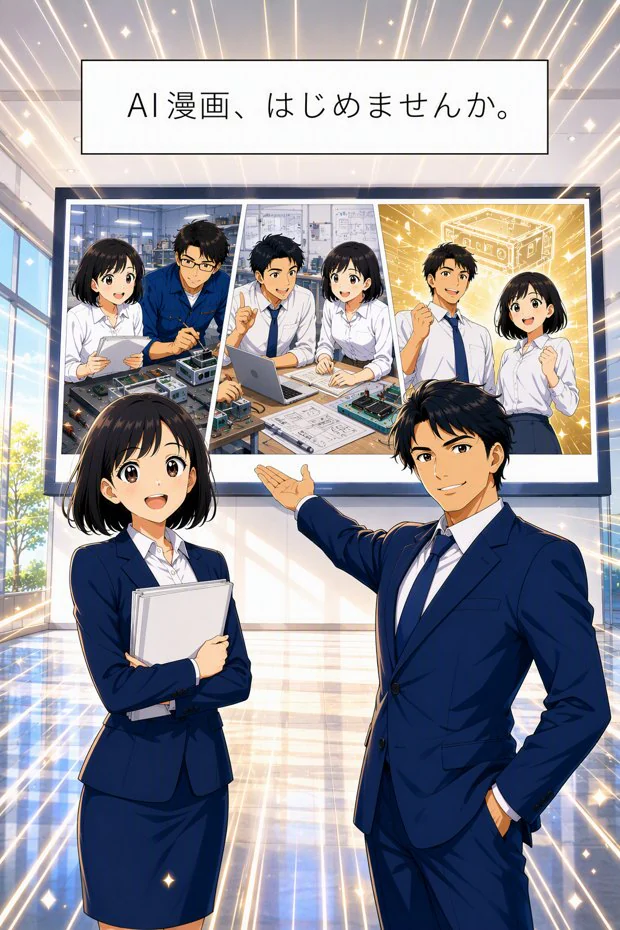 明るいオフィスでAI漫画を提案する企業向け漫画作例