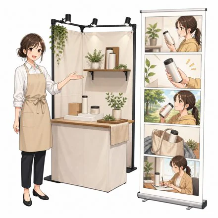 漫画入りのロールアップバナーを置いた展示会ブースの活用例