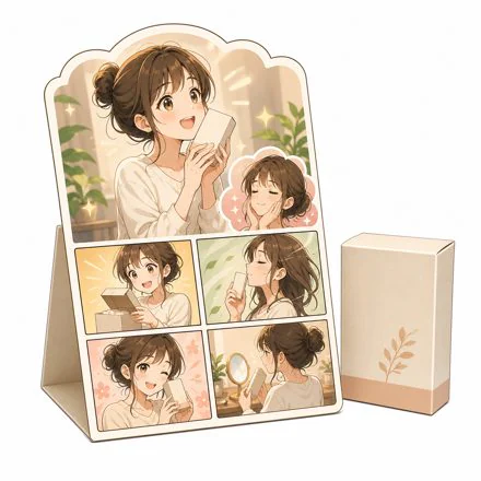 商品と漫画入り卓上POPを組み合わせた商品紹介の活用例