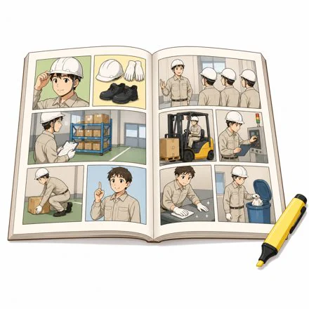 作業手順を漫画のコマで説明する研修マニュアルの活用例