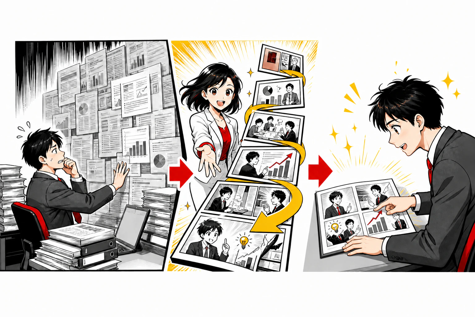 情報量の多い資料を前に読むのを諦めかけた会社員が、同じ情報を漫画で順序立てて案内され、続きを読み進める様子